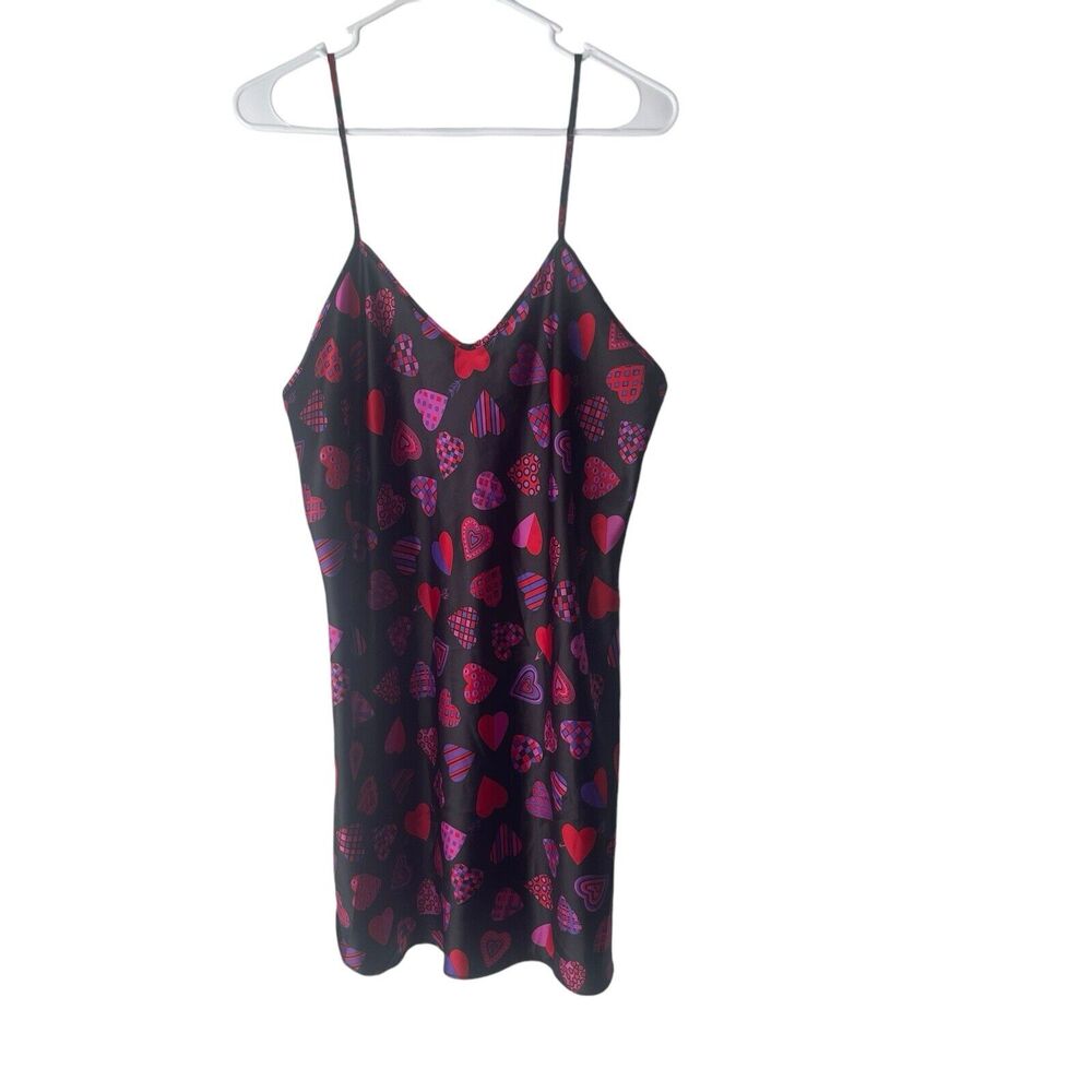 Private Luxuries Plus Size 1X Black Red Hearts Love Satin Slip‎ Dress Night Gown